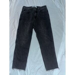 Hollister High-Rise Mom Jeans Black Wash Denim Frayed Hem Vintage‎ Stretch